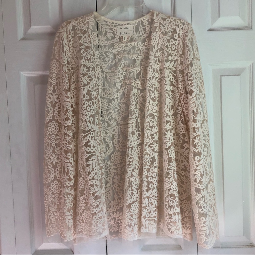 Artelier Nicole Miller size L Floral White Lace Long Sleeve Cardigan Top